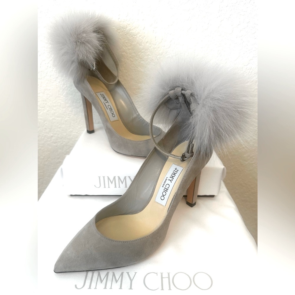 NEW Jimmy Choo Fox Fur Pom-Pom Embellishment D’Orsay Suede Pumps, Size 37